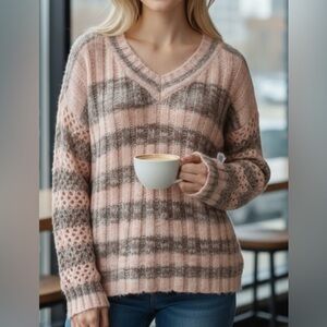 Bobeau Nordstrom Pink Green Purple Striped V Neck Sweater Women’s size  L NWOT